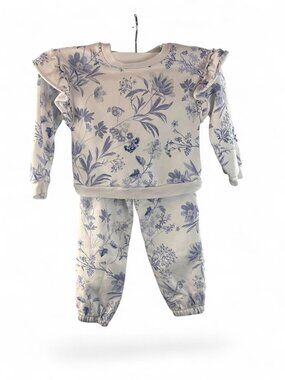 GAP Toddler Girl VintageSoft Ruffle Floral Sweat Set Blue Toile-4T 